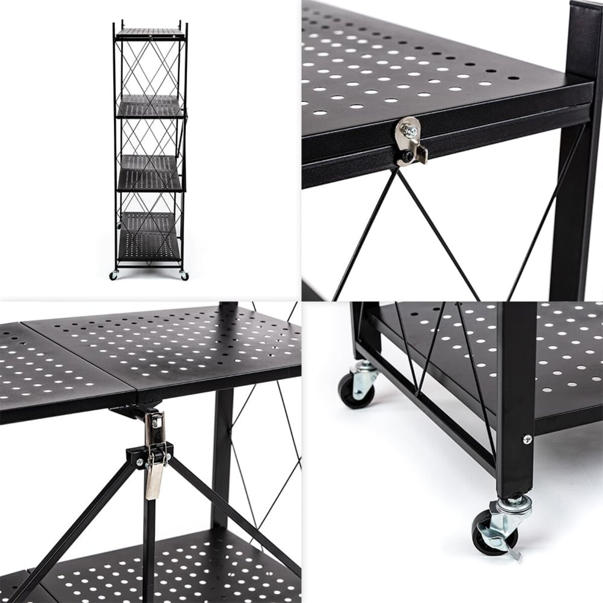 Стеллаж мобильный четырехъярусный универсальный раскладной из нержавеющей стали черный 126*72*34см SW-00002098 — изображение 5