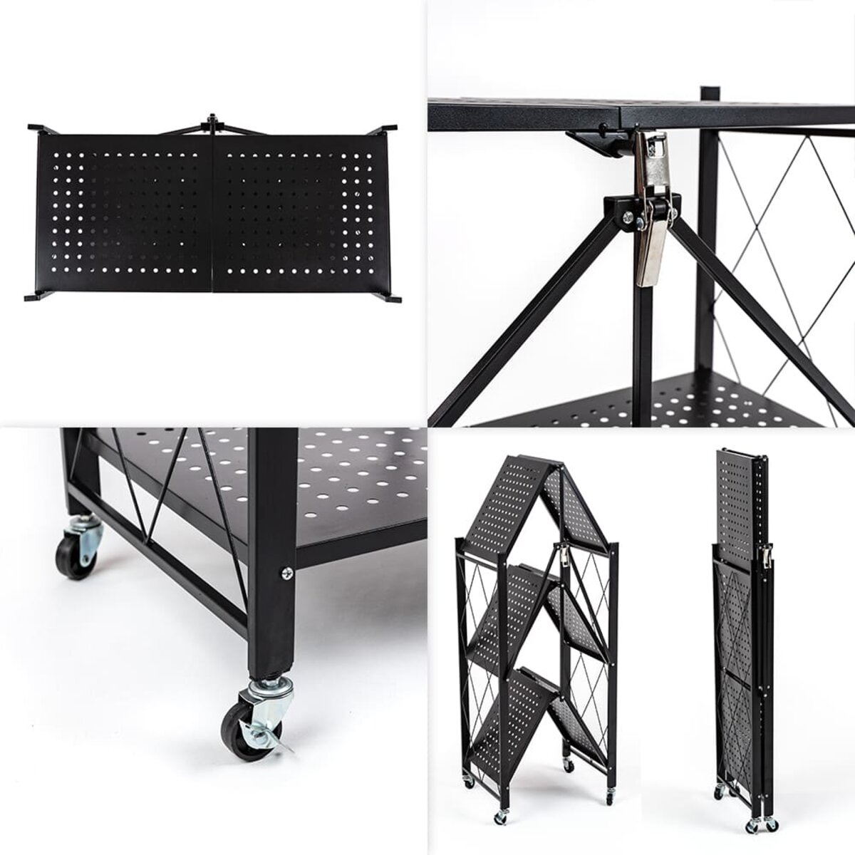 Стеллаж мобильный трехъярусный универсальный раскладной из нержавеющей стали черный 89*72*34см SW-00002097 — изображение 5