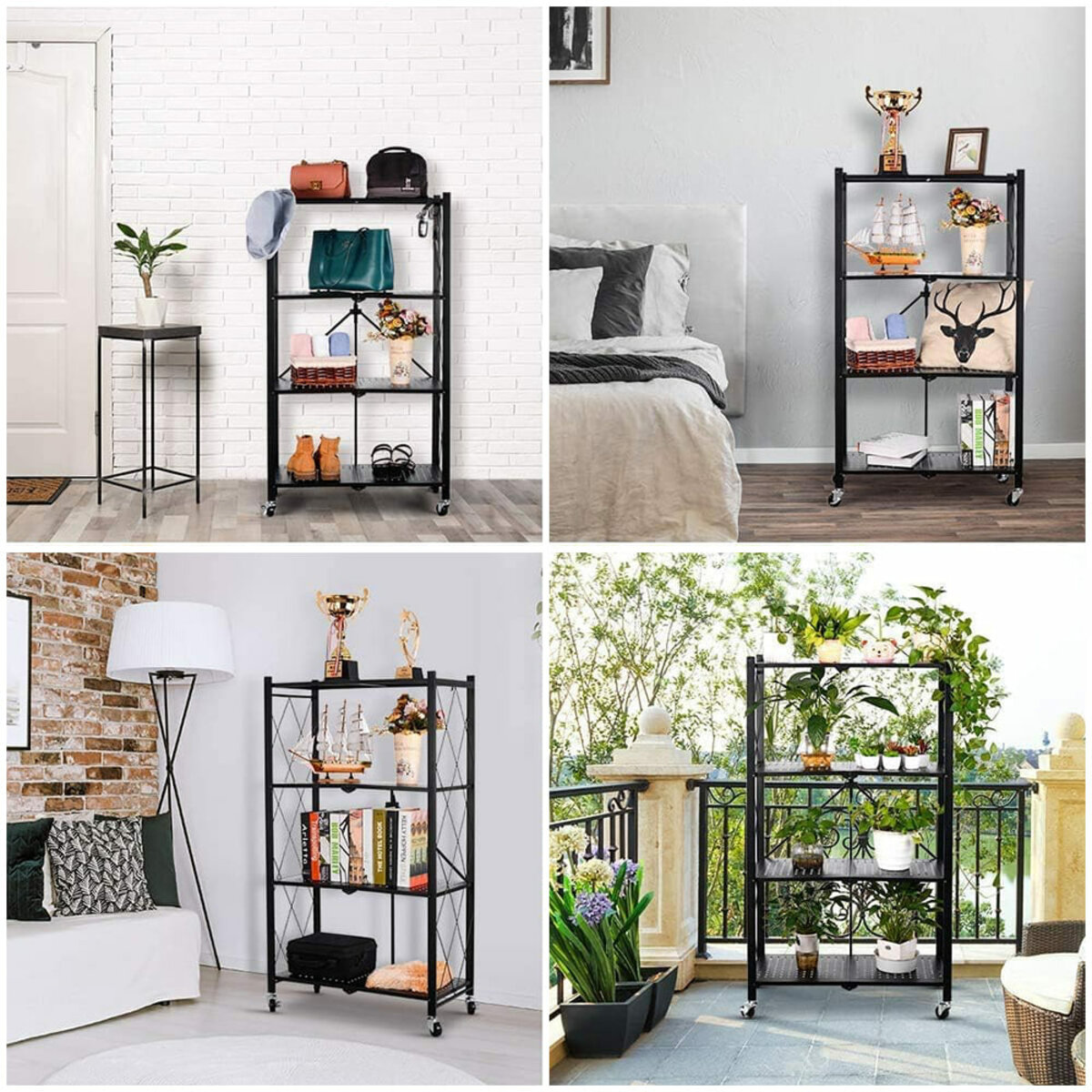 Стеллаж мобильный четырехъярусный универсальный раскладной из нержавеющей стали черный 126*72*34см SW-00002098 — изображение 7